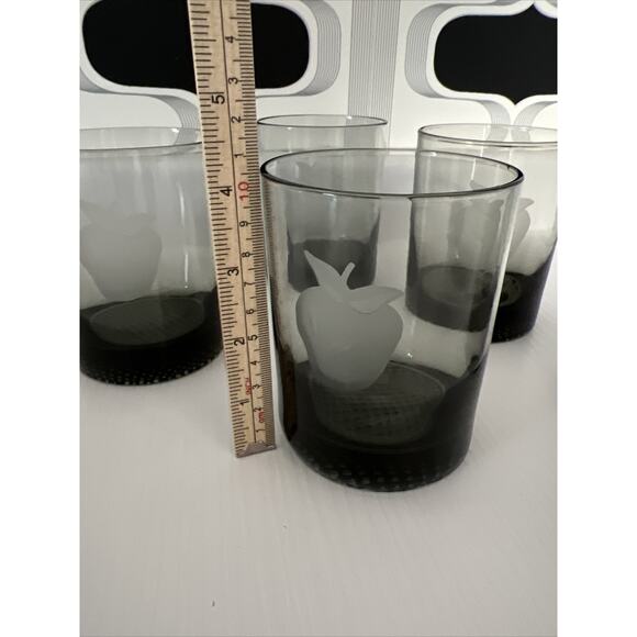 Smoke Gray Lowball Old Fashioned Etched Fruit Juice Barware Whiskey Set Of 5 - Picture 13 of 14